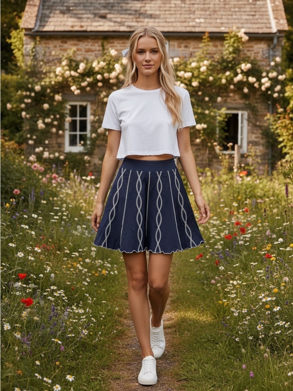 Cottagecore Skater Skirt with White Cable Trim